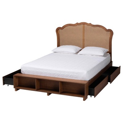 Latrell Walnut Brown Wood King Storage Bed with Rattan Headboard
