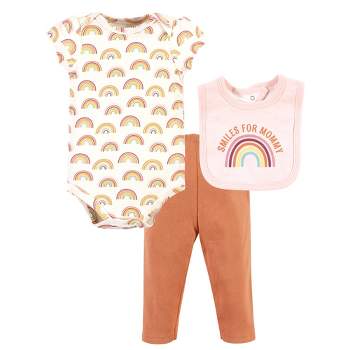 Hudson Baby Infant Girl Cotton Bodysuit, Pant and Bib Set, Sunshine Rainbows