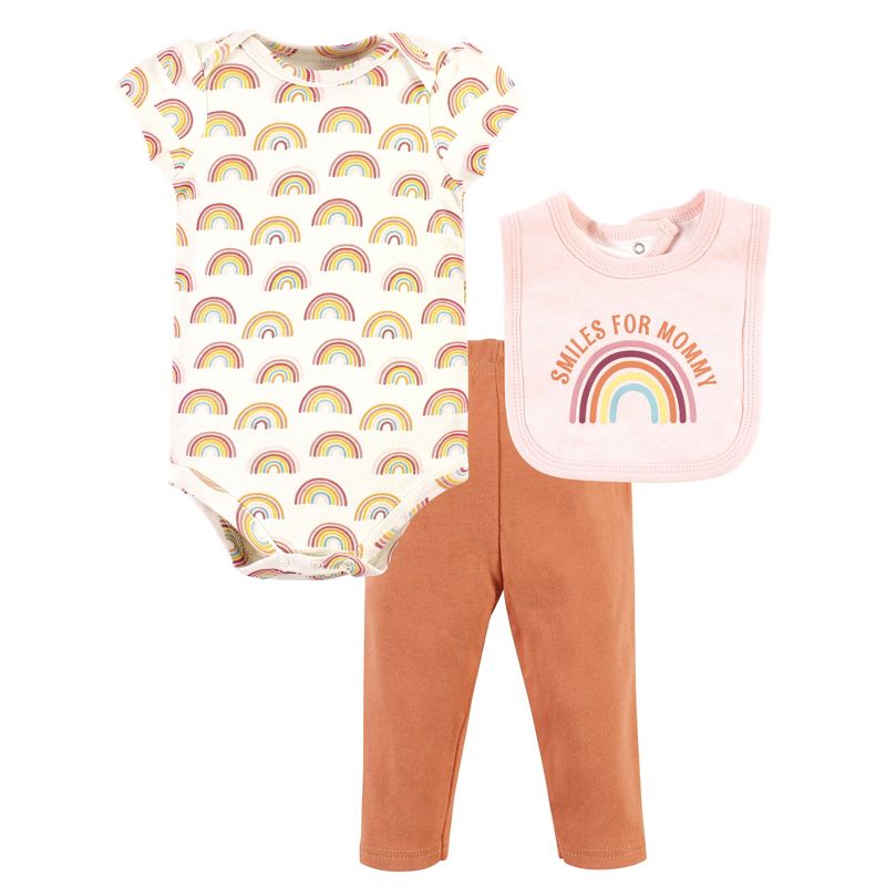 Hudson Baby Infant Girl Cotton Bodysuit, Pant and Bib Set, Sunshine Rainbows, 1 of 6