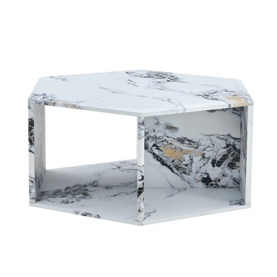 FURNIinspire Coffee Tables Hexagonal MDF Coffee Table with Pattern Stickers Multi Hole Design Large Size for Living Room, White, 31.5"*27"*14"