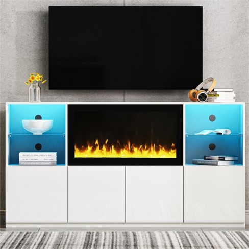 68"W Modern TV Stand TV Console Cabinet with Non-heating Electric Fireplace, LED Light and Tempered Glass Shelves for TVs Up to 75"-ModernLuxe - image 1 of 4