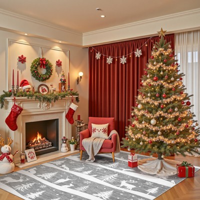 Christmas Area Rugs, Christmas Rugs with Xmas Tree Reindeer Snowflake for Holiday Decor,Low Pile Washable Rug for Dining Room, Bedroom