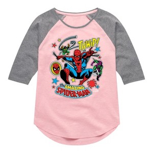 Girls' - Marvel - Spider-man Stickers Style Shirt Tail Raglan Graphic T-shirt - 1 of 2