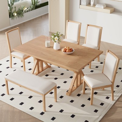 Whisen Farmhouse Classical 6-Piece Dining Table Set with 4 Upholstered Dining Chairs and Bench