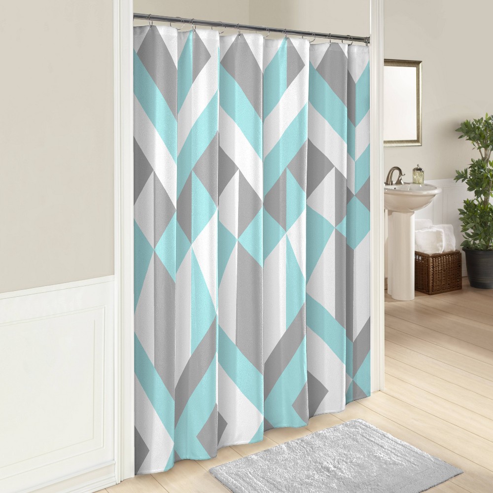 Lena Shower Curtain Aqua - Marble Hill: 100% Cotton, Machine Washable, Geometric Pattern, Buttonhole Top