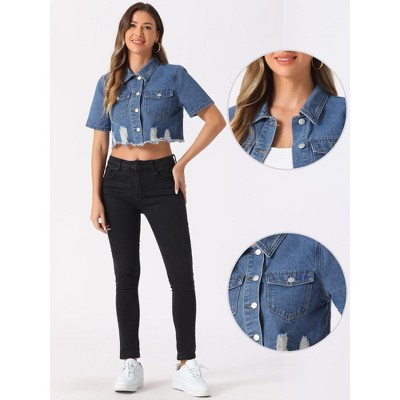 Allegra K Women's Casual Collared Short Sleeve Frayed Crop Jean Denim Jacket Small Sky Blue — фото 2