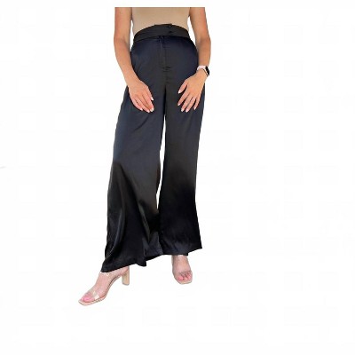 Women's Glamour High Waisted Wide-legged Black Silk Pants - GLAM