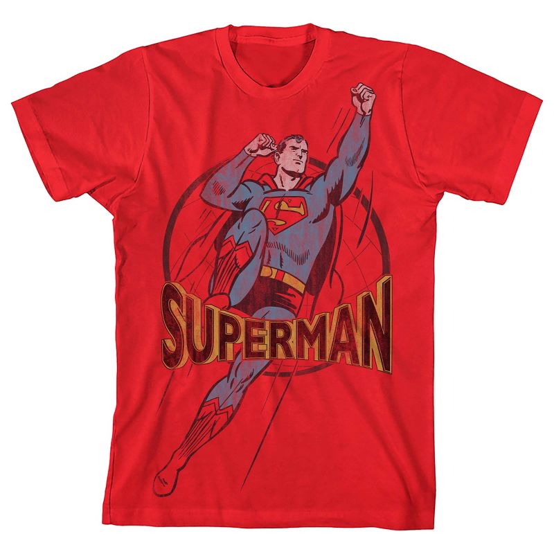 Superman Distressed Flying Pose Boy's Red T-shirt, 1 of 4