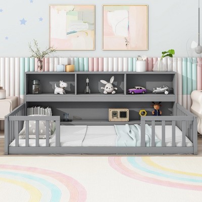 Full Size Floor Bed Frame, Toddler Bed with Bedside Bookcase, Shelves, Opening Guardrails, Modern Wood Floor Bed for Kids Bedroom, Grey