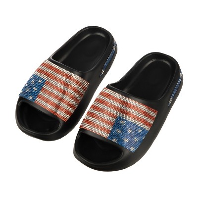 4th of July Rhinestone American Flag Women's Non-Slip Black Cloud Slides