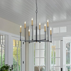 LLHZSY 8-Light Classic Candle Chandelier Kitchen island Hanging Pendant for dining room - 31.5 in. W x 28.3 in. H - Black and Gold - 1 of 4