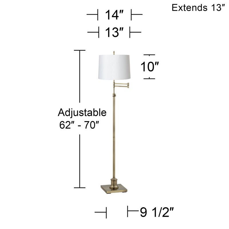 360 Lighting Modern Swing Arm Floor Lamp Adjustable Height 70" Tall Antique Brass White Hardback Drum Shade for Living Room Reading Bedroom, 3 of 4