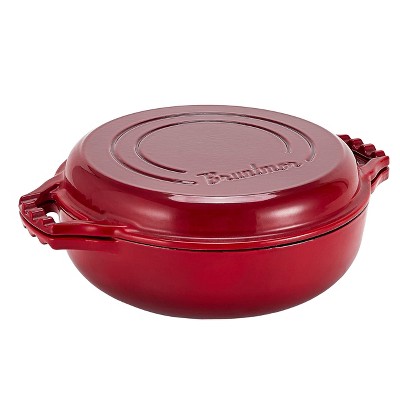 Red Enameled Cast Iron 3.3-Quart Cocotte Double Braiser Pan with Grill Lid