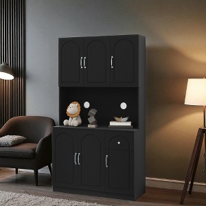 71" Tall Kitchen Pantry Cabinet with Microwave Countertop, Freestanding Hutch Storage Cabinet with 6 Doors, Drawer & Adjustable Shelves - 1 of 4