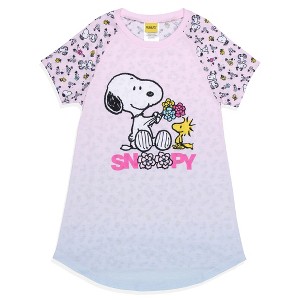 Girls' Peanuts Snoopy Woodstock Flowers Friends Nightgown Pajama Shirt Pink - 1 of 4