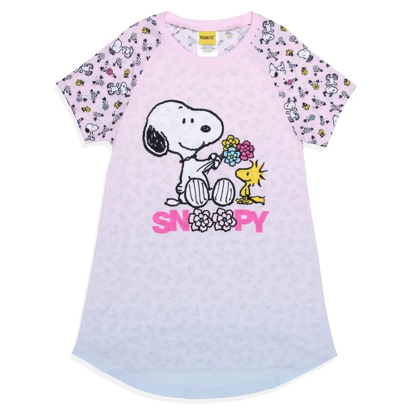 Girls' Peanuts Snoopy Woodstock Flowers Friends Nightgown Pajama Shirt Pink, 1 of 6
