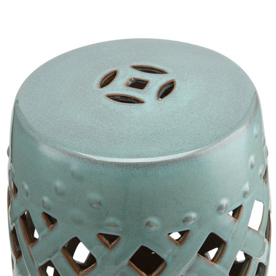 Blue Ceramic Garden Stool with Woven Lattice Design