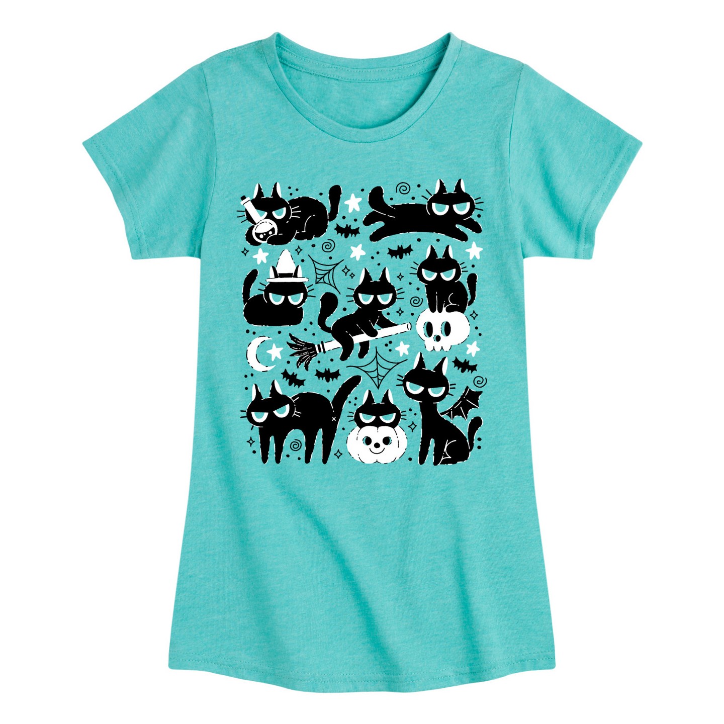 Футболка Instant Message Black Cat Halloween -Youth Girls Short Sleeve T-Shirt Fitted Short Sleeve Graphic T-Shirt - Turquoise для девочек, цвет: Чёрный — фото 1