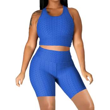 Anna-Kaci Women's Seamless Yoga Workout Set for Stretchy 2 Piece Outfits Raceback Crop Top High Waist Gym Shorts- Large ,Blue