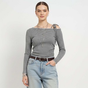 Cherie Code Women’s Grey Stripe One‑Shoulder Tie Long‑Sleeve Tee – Chic Ribbed Knit Casual Top - 1 of 4