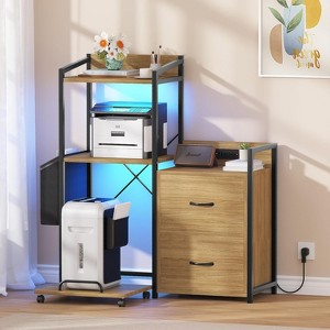 38" File Cabinet with Charging Station, Large 3-Tier Printer Table with Storage Shelf & Drawers,Office Desk Organizer for Fax Machine, Shredder - 1 of 4