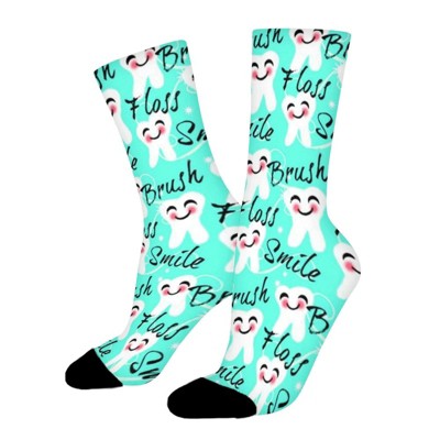 Brush Floss Smile Dental Women Printed Crew Socks Funny Funky Socks Soft Polyester Novelty Gifts for Artists Men