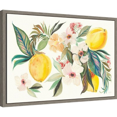 Citrus Summer Floral Canvas Wall Art with Gray Frame