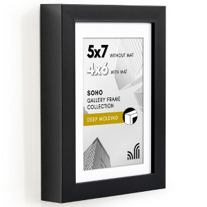 Americanflat 5x7 Picture Frame - Use as 4x6 Frame with Mat or Display 5x7 Photo Without Mat - Deep Molding Picture Frames for Tabletop or Wall - Black - 1 of 4