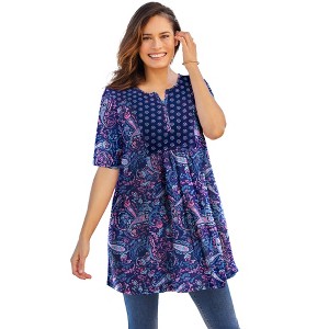 Woman Within Plus Size Mixed Print Henley Tunic - 1 of 4