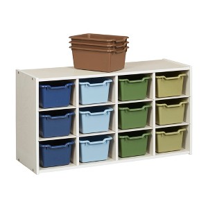 ECR4Kids Streamline 12 Cubby Tray Cabinet with 15 Scoop Front Storage Bins, 3x4, White Wash - 1 of 4