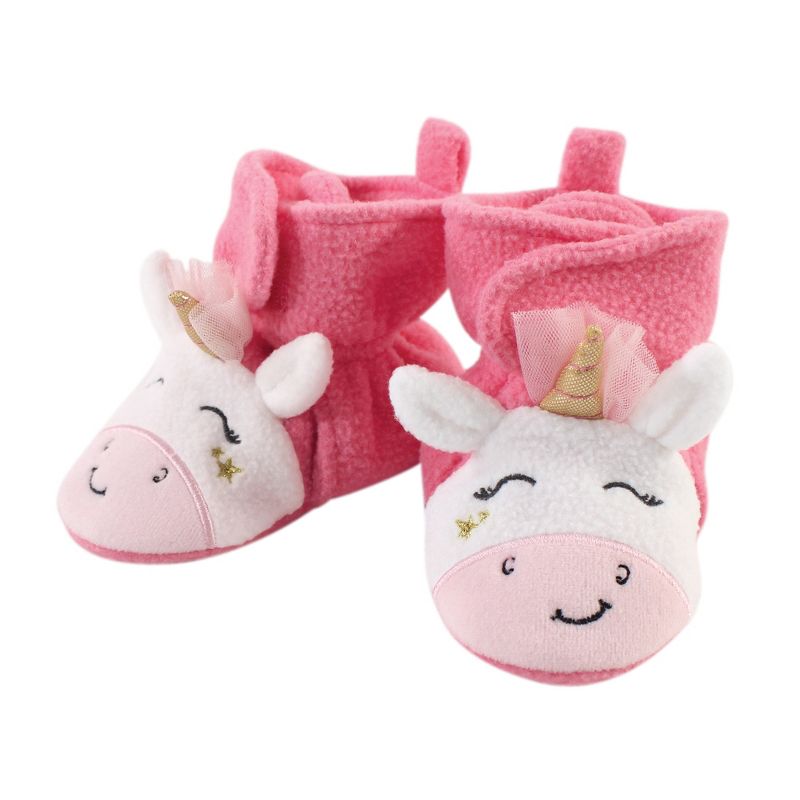 Hudson Baby Infant and Toddler Girl Cozy Fleece Booties, Pink Star Unicorn, 1 of 3