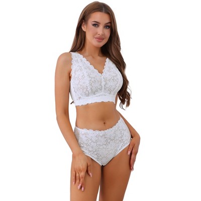 Allegra K Women's Floral Lace Wire-free Full Coverage Lingerie Bra and Underwear Sets