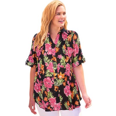 Woman Within Women's Plus Size Pintucked Button Down Gauze Shirt