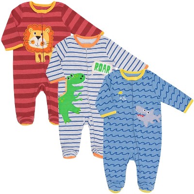 Funstuff Lion Dinosaur Shark Baby 3 Pack Zip Up Sleep N' Play Coveralls Newborn to Infant 