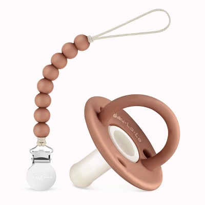 Image of Lulababe Pacfier and Clip Set - Soft Medical Grade Silicone Paci and Clip Holder Newborns and Infants - Camel + Sugar Swizzle, Stage 1  (0-6m) - 1 Set