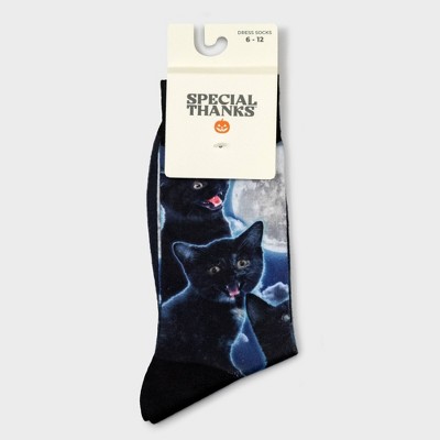 Men's Special Thanks Halloween Black Cats & Moon Crew Socks - 6-12