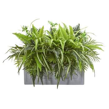 Nearly Natural 22-in Mixed Greens and Fern Artificial in Stone Planter