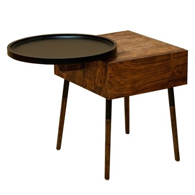 Single Drawer Industrial End Table with Conjoined Round Metal Tray Brown/Black - The Urban Port