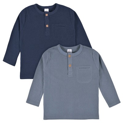 Image of Gerber Toddler Boys' Waffle Knit Henleys - Dusty Blue & Navy - 12 Months - 2-Pack