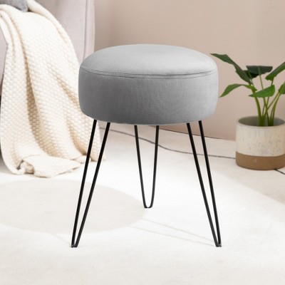 Arceso Velvet Vanity Stool, Round Gray Ottoman Stool with Sturdy Wooden Legs for Bedroom, Makeup Room, and Living Room