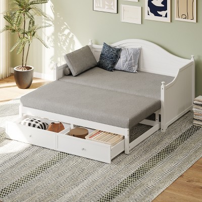 Twin Size Wood Daybed Sofa Bed Extendable Daybed with with Extended Pop Up Trundle and Storage Drawers, White/Gray -ModernLuxe