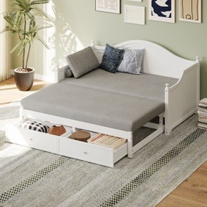 Twin Size Wood Daybed Sofa Bed Extendable Daybed with with Extended Pop Up Trundle and Storage Drawers, White/Gray -ModernLuxe - 1 of 4