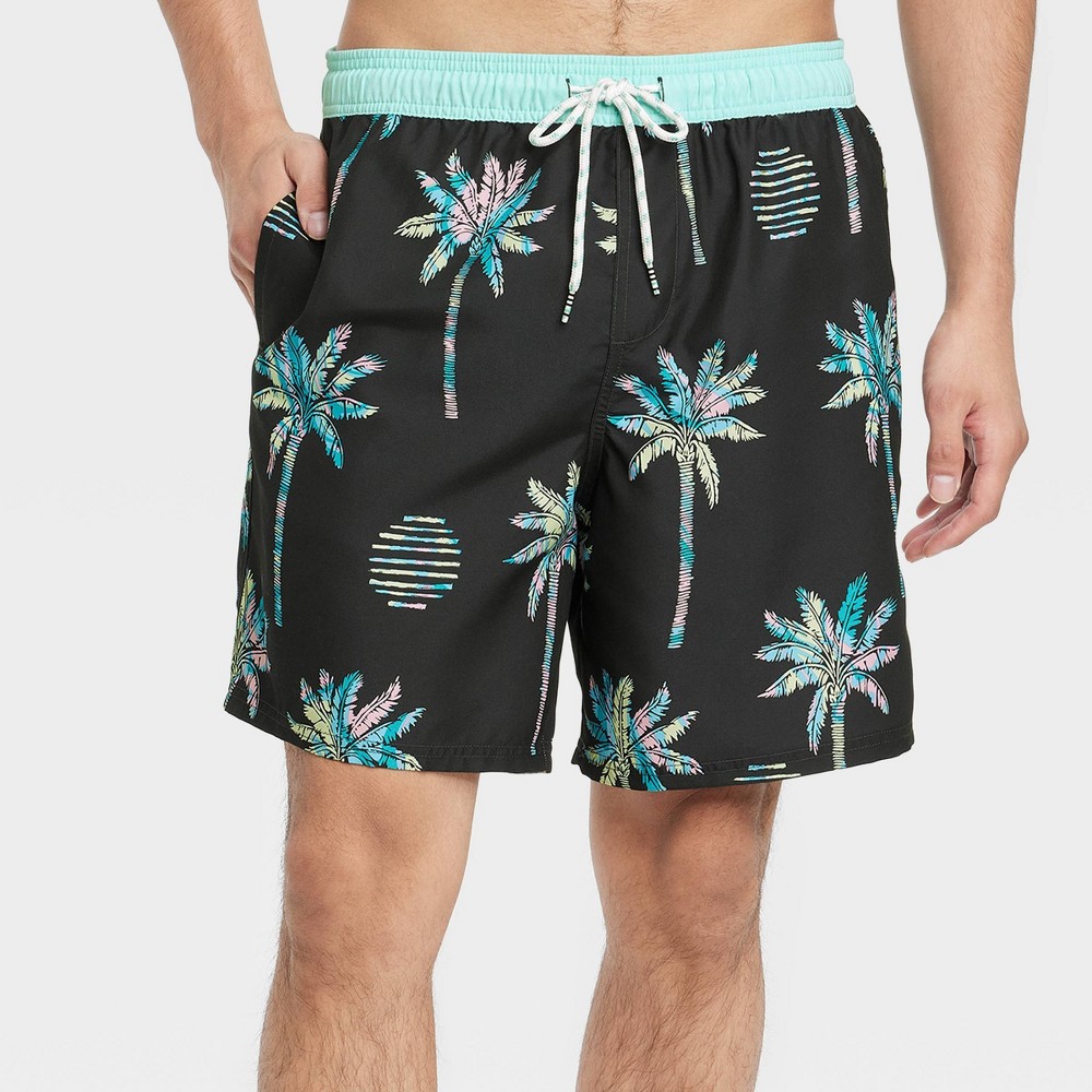 Mens 7 Doodle Palm Print Swim Trunks