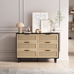 HDZNVF 43.31 inch 6 Drawers Rattan Storage Cabinet Rattan Drawer, Black - 1 of 4