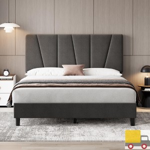 Jojoka Upholstered Bed Frame with Adjustable Headboard, Linen or Velvet Fabric, Wooden Slats, Noise-Free, Easy Assembly - 1 of 4