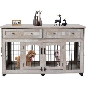 58" Large Dog Crate Furniture for 2 Dogs, Indoor Wooden Kennel Table with Storage Drawers, Decorative Pet Crate - 1 of 4