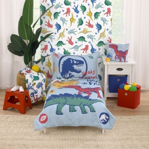 Universal Jurassic World Wild and Free Blue, Green, and Yellow Dinosaur 4 Piece Toddler Bed Set - 1 of 4