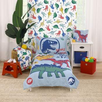 Universal Jurassic World Wild and Free Blue, Green, and Yellow Dinosaur 4 Piece Toddler Bed Set