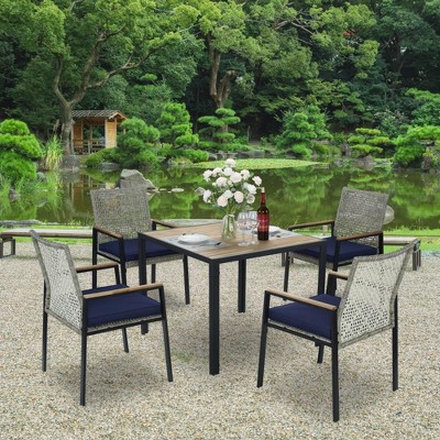 JUJABU All Weather 5-Piece Rattan Patio Dining Table Sets with Acacia Wood Tabletop and Umbrella Hole, Light Gray