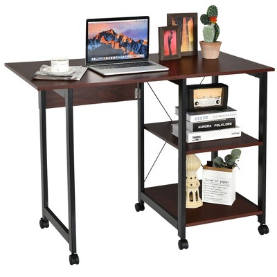 Costway Rolling Computer Desk Folding Writing Office Desk w/ Storage Shelves